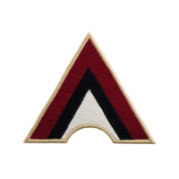 Triangular embroidered patch with red, black, and white sections, outlined in gold, is displayed on plain background. design features symmetrical pattern with central arch png