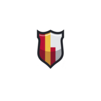 Shield logo design featuring modern, abstract style with red, yellow, and gray colors. geometric shapes create sense of protection and strength png
