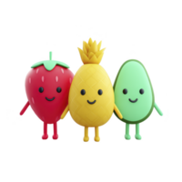 Three cute, smiling fruit characters, including strawberry, pineapple, and avocado, stand together with arms linked, showcasing playful and cheerful design png