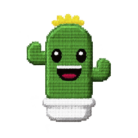 Cute, smiling cartoon cactus with yellow flower on top and white pot, featuring pixelated design. cactus has two arms raised and cheerful expression png
