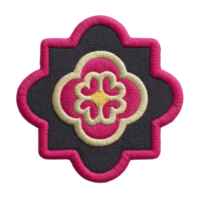 Decorative embroidered patch with floral design in pink, gold, and gray, featuring intricate stitching and symmetrical pattern. patch has bold border and textured appearance png