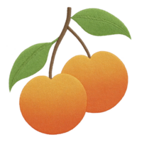 Two embroidered peaches with green leaves on branch, showcasing vibrant and textured design. image captures essence of fresh fruit with touch of artistic flair png