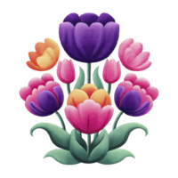Vibrant embroidery design featuring bouquet of colorful tulips in shades of purple, pink, and orange with green leaves, showcasing intricate stitching and texture png