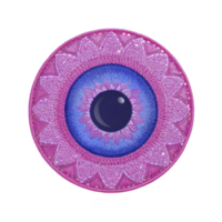 Vibrant, abstract illustration of circular mandala design with intricate patterns shades of pink and blue, resembling eye. central area features deep blue circle with glossy finish, surrounded by png
