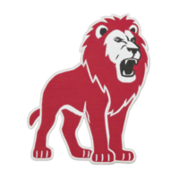 Fierce red lion illustration with bold, roaring expression, outlined in white, symbolizing strength and courage. design is simple yet striking, perfect for logos or emblems png
