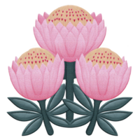 Three stylized pink flowers with intricate embroidery details are depicted, featuring green leaves and stems. design showcases blend of artistic texture and vibrant colors, creating charming png