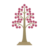 This features embroidered tree design with brown trunk and branches, adorned with pink circular elements resembling leaves or fruits, set against transparent background png