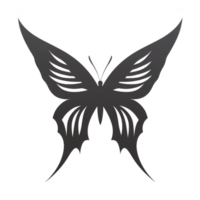 Black silhouette of butterfly with intricate wing patterns creates striking and elegant design. symmetrical shape and detailed cutouts add sense of grace and beauty to image png