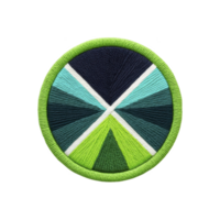 Circular embroidered patch features geometric design with green, blue, and white sections radiating from center, creating dynamic and vibrant pattern. patch is bordered by bright green edge png