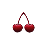 Two red cherries with glossy finish are connected by single stem, set against plain background. cherries have heart like shape, giving playful and vibrant feel png