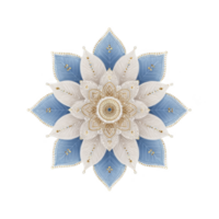 Detailed mandala design featuring intricate patterns with blue and white petals, accented by gold details, creating harmonious and calming visual effect png