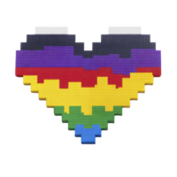 Pixelated heart design features vibrant colors in gradient pattern, symbolizing diversity and inclusion. heart shape is composed of small, square blocks, creating digital art effect png
