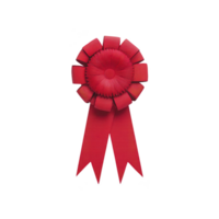 Vibrant red ribbon rosette with central flower design and two trailing ribbons, symbolizing achievement or celebration. rosette is isolated on transparency background, emphasizing its bright color png