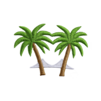 Two embroidered palm trees with hammock create tropical and relaxing vibe. green leaves and brown trunks are detailed, set against simple background png