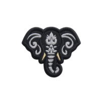 Embroidered patch features intricate elephant head design with detailed patterns, showcasing blend of gray and white threads on transparency background png