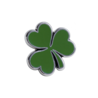 Green four leaf clover pin with silver outline symbolizes luck and positivity. simple design makes it versatile accessory for various occasions png