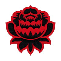Bold red and black floral design featuring stylized lotus flower with intricate patterns, creating striking and artistic appearance. contrasting colors enhance its visual impact png
