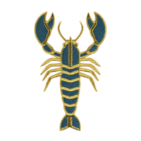 Detailed embroidered patch of lobster in blue and gold colors, showcasing intricate stitching and design. patch is isolated on transparency background, highlighting its craftsmanship png