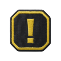 Black and yellow embroidered patch features exclamation mark, symbolizing caution or alert. patch has hexagonal shape with bold border, conveying sense of urgency png