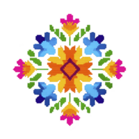 Vibrant geometric floral pattern with colorful petals and leaves, featuring symmetrical design elements in blue, yellow, pink, and green, creating lively and artistic appearance png