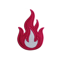 This features vibrant red flame patch with white center, designed for embroidery clothing or accessories. patch has bold and dynamic appearance, perfect for adding fiery touch to any fabric png