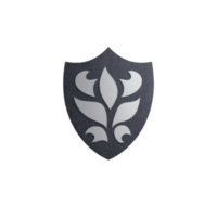 Metallic shield with floral emblem design on textured surface, symbolizing protection and elegance. shield sleek and artistic pattern adds touch of sophistication png