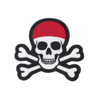 Skull and crossbones with red bandana, symbolizing piracy or danger, is depicted in bold, graphic style. design is often associated with pirate themes and cautionary signs png