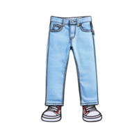 Pair of cartoon style blue jeans with attached sneakers, featuring playful and whimsical design. jeans have classic denim look with detailed stitching and pockets png