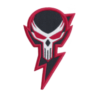 This features stylized skull design with sharp, angular features and bold red outline, creating striking and edgy appearance. skull is integrated with lightning bolt motif, adding dynamic png