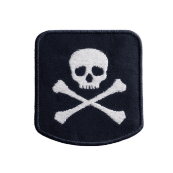 Black patch featuring white skull and crossbones design, symbolizing danger or piracy, is depicted. patch has rectangular shape with rounded edges, and embroidery is detailed png