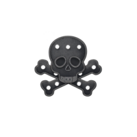 Black skull and crossbones design with white stitching on textured surface, featuring multiple holes for attachment. design is simple and bold, evoking sense of edginess png