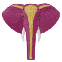 Vibrant embroidered elephant patch features striking combination of pink and yellow hues, showcasing intricate stitching and texture. design is both playful and artistic png