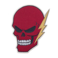 Red skull patch with lightning bolt design, featuring menacing expression and bold colors, perfect for adding edgy touch to clothing or accessories png
