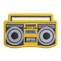 Vibrant embroidered patch features retro boombox design in yellow and black, showcasing intricate details and nostalgic feel. Perfect for adding touch of vintage style to clothing or accessories png