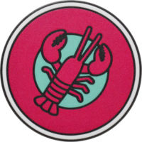 Vibrant circular patch features stylized lobster illustration in bold black lines against bright red background with contrasting teal circle. design is simple yet eye catching png