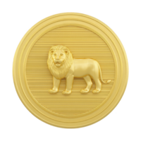 Golden coin features detailed lion design, symbolizing strength and majesty. coin intricate texture and circular shape enhance its regal appearance, making it striking piece png