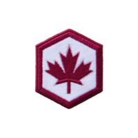 Hexagonal patch features red maple leaf emblem, symbolizing Canada, on transparency background with red border. design is simple and patriotic, often used in uniforms or as decorative badge png