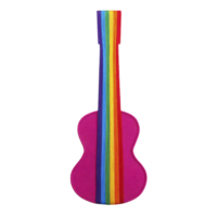 Colorful ukulele case with vibrant rainbow strap and pink body, showcasing playful and cheerful design. Perfect for music lovers and adding splash of color to any setting png