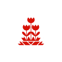 Red geometric floral design features three stylized tulips with symmetrical arrangement, creating modern and artistic look. bold red color adds vibrancy and contrast against transparency png