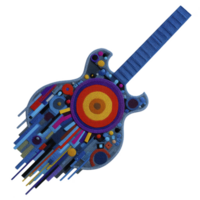 Vibrant, abstract guitar design features colorful geometric patterns and dynamic shapes, creating sense of movement and energy. artwork combines circles, lines, and textures striking composition png