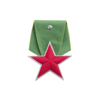 Medal with red star and green ribbon, symbolizing achievement or honor, is displayed against plain background. design is simple yet striking, evoking sense of pride and recognition png