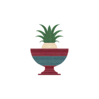Colorful embroidered design features pineapple in decorative bowl, combining tropical and artistic elements. vibrant colors and texture create lively and cheerful appearance png
