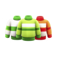 Three colorful sweaters with striped patterns are displayed, featuring green, white, and orange hues. Each sweater has ribbed texture and high collar, creating cozy and vibrant look png