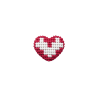 Red and white beaded heart with pixelated design, featuring symmetrical pattern. heart is crafted with small beads, creating textured and vibrant appearance, perfect for decorative use png