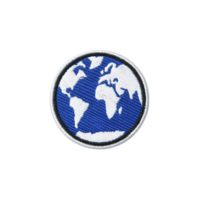 Round embroidered patch features blue and white globe design, symbolizing global unity and exploration. patch is detailed with continents in white against blue background, bordered by white edge png