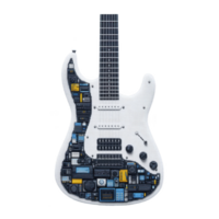 White electric guitar with unique design featuring various electronic components and circuits on its body, creating modern and artistic look png