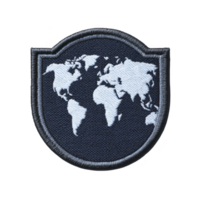 Shield shaped embroidered patch features world map design in white on transparency background, symbolizing global unity and exploration png