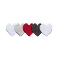 Five heart shaped fabric patches in white, beige, red, dark gray, and black are aligned in row, showcasing variety of colors and textures png