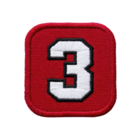 Red embroidered patch features bold white number three outlined in black, creating striking contrast. patch has square shape with rounded corners, adding touch of softness to its design png