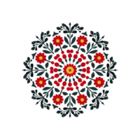 Vibrant mandala design featuring red and yellow floral patterns with intricate green leaves, creating symmetrical and harmonious appearance png